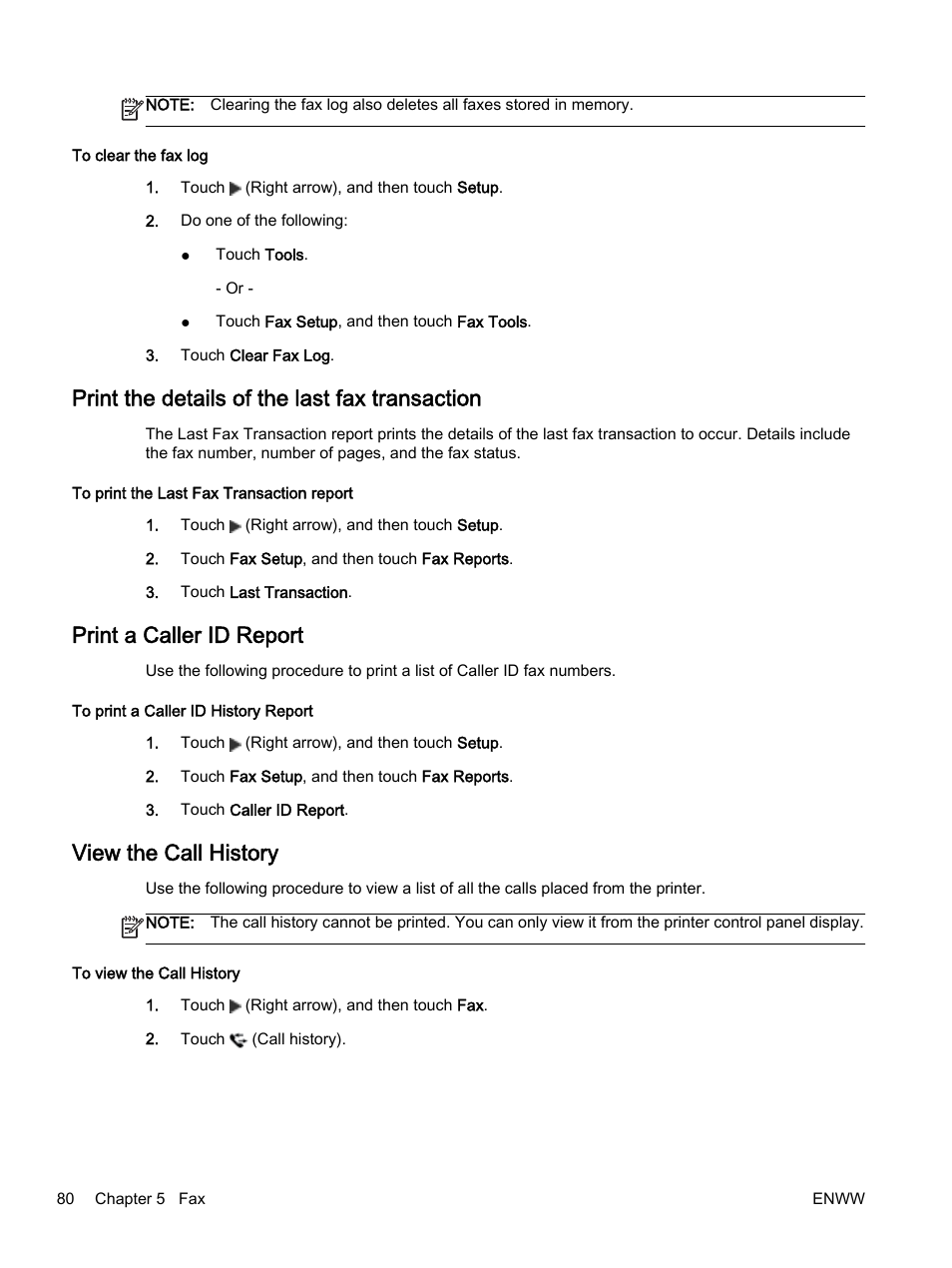 Print the details of the last fax transaction, Print a caller id report, View the call history | HP Officejet 7612 Wide Format e-All-in-One User Manual | Page 97 / 317