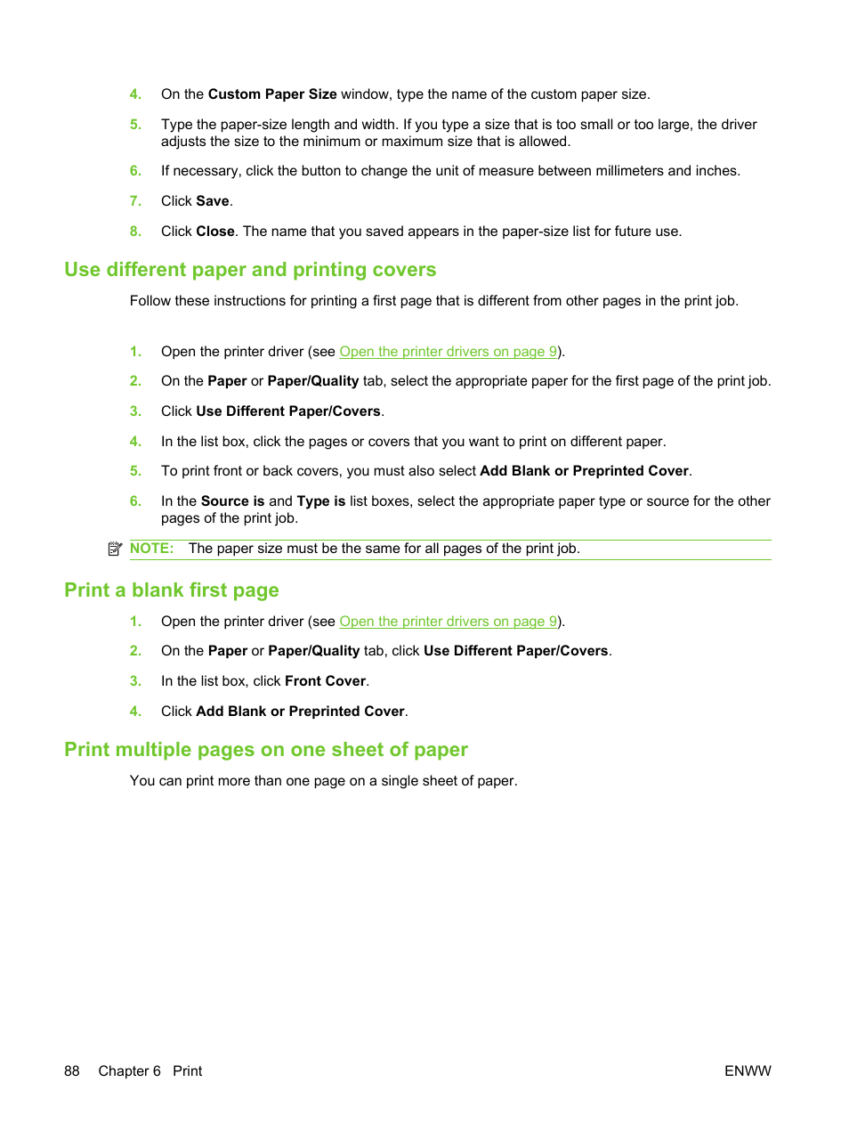 Use different paper and printing covers, Print a blank first page, Print multiple pages on one sheet of paper | HP LaserJet M3027 Multifunction Printer series User Manual | Page 100 / 270