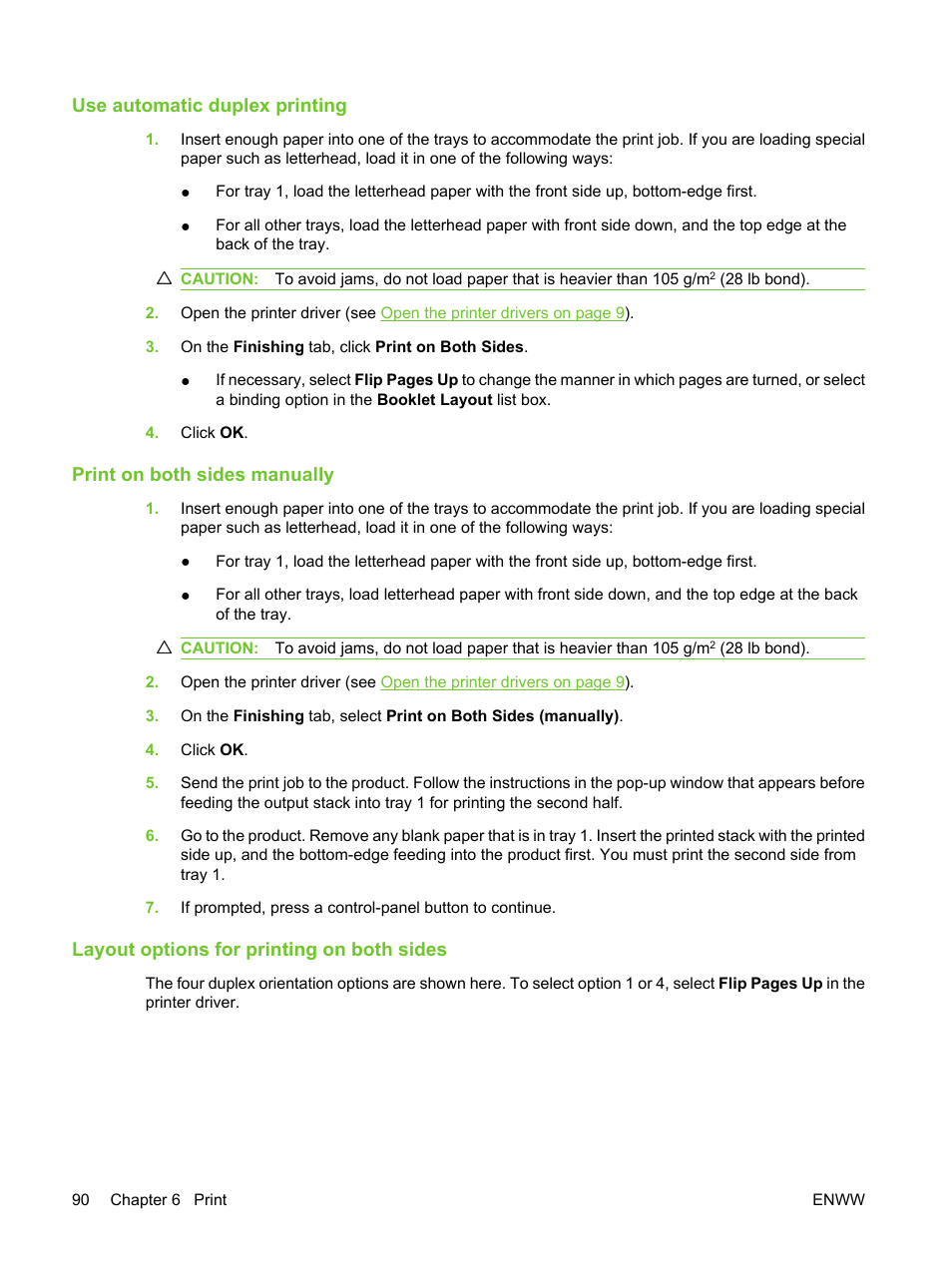 Use automatic duplex printing, Print on both sides manually, Layout options for printing on both sides | HP LaserJet M3027 Multifunction Printer series User Manual | Page 102 / 270