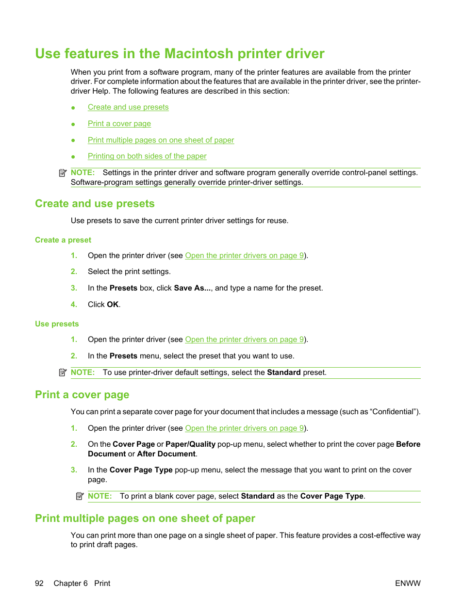 Use features in the macintosh printer driver, Create and use presets, Print a cover page | Print multiple pages on one sheet of paper | HP LaserJet M3027 Multifunction Printer series User Manual | Page 104 / 270