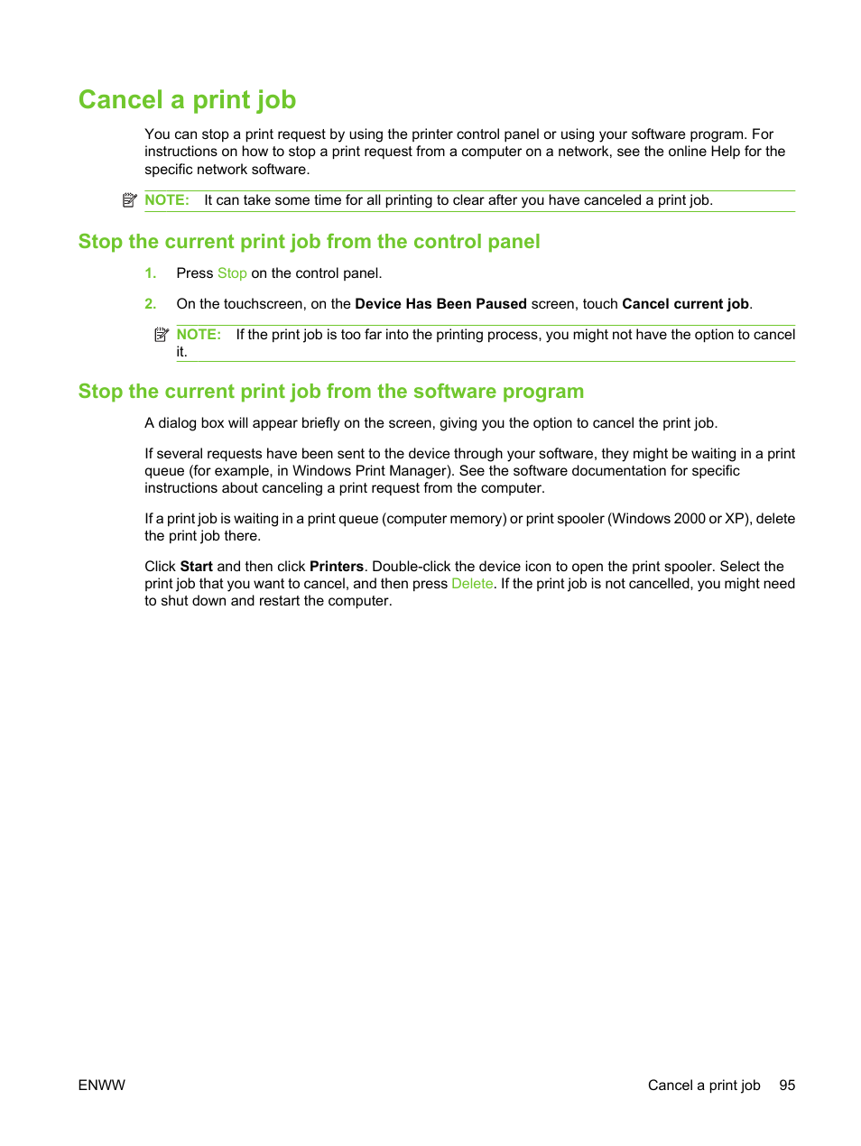 Cancel a print job, Stop the current print job from the control panel | HP LaserJet M3027 Multifunction Printer series User Manual | Page 107 / 270