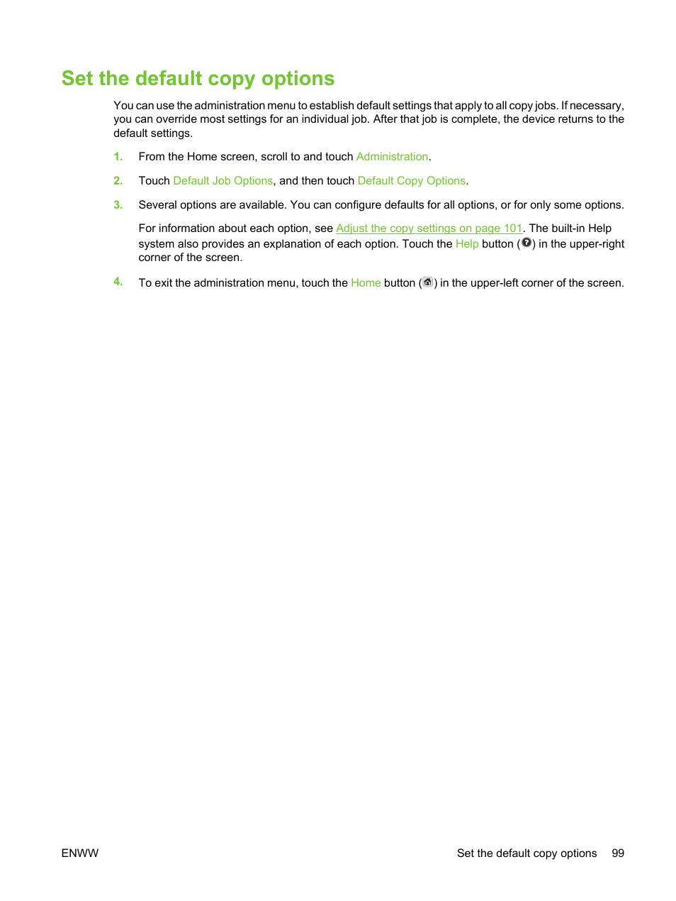 Set the default copy options | HP LaserJet M3027 Multifunction Printer series User Manual | Page 111 / 270
