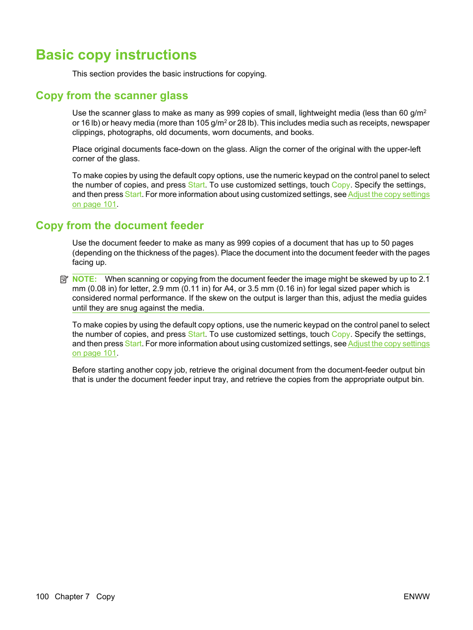 Basic copy instructions, Copy from the scanner glass, Copy from the document feeder | HP LaserJet M3027 Multifunction Printer series User Manual | Page 112 / 270