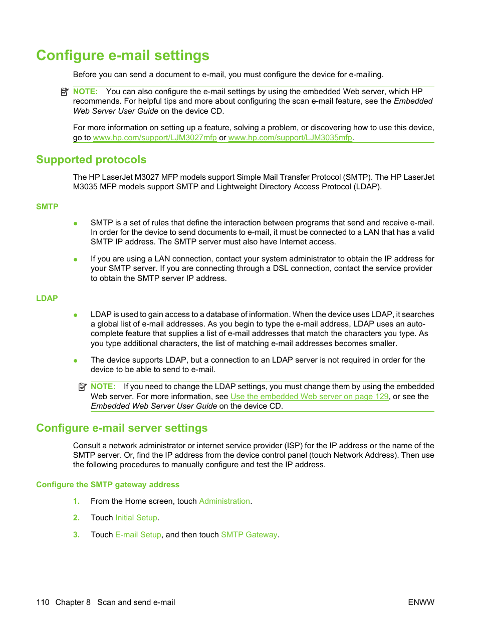 Configure e-mail settings, Supported protocols, Configure e-mail server settings | HP LaserJet M3027 Multifunction Printer series User Manual | Page 122 / 270