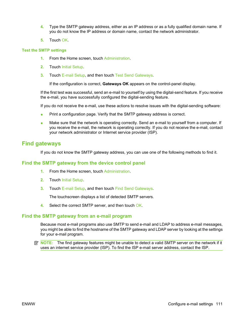 Find gateways, Find the smtp gateway from an e-mail program | HP LaserJet M3027 Multifunction Printer series User Manual | Page 123 / 270