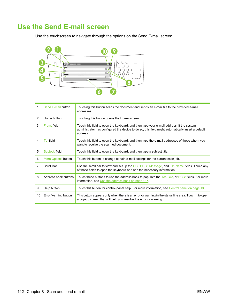Use the send e-mail screen, 112 chapter 8 scan and send e-mail enww | HP LaserJet M3027 Multifunction Printer series User Manual | Page 124 / 270