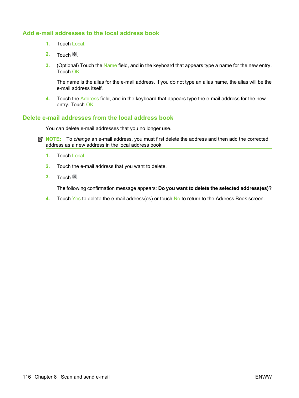 Add e-mail addresses to the local address book | HP LaserJet M3027 Multifunction Printer series User Manual | Page 128 / 270