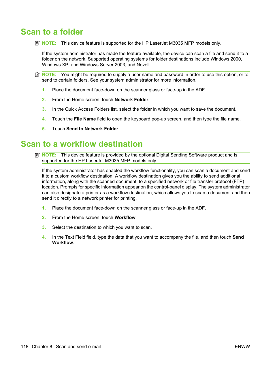Scan to a folder, Scan to a workflow destination, Scan to a folder scan to a workflow destination | HP LaserJet M3027 Multifunction Printer series User Manual | Page 130 / 270