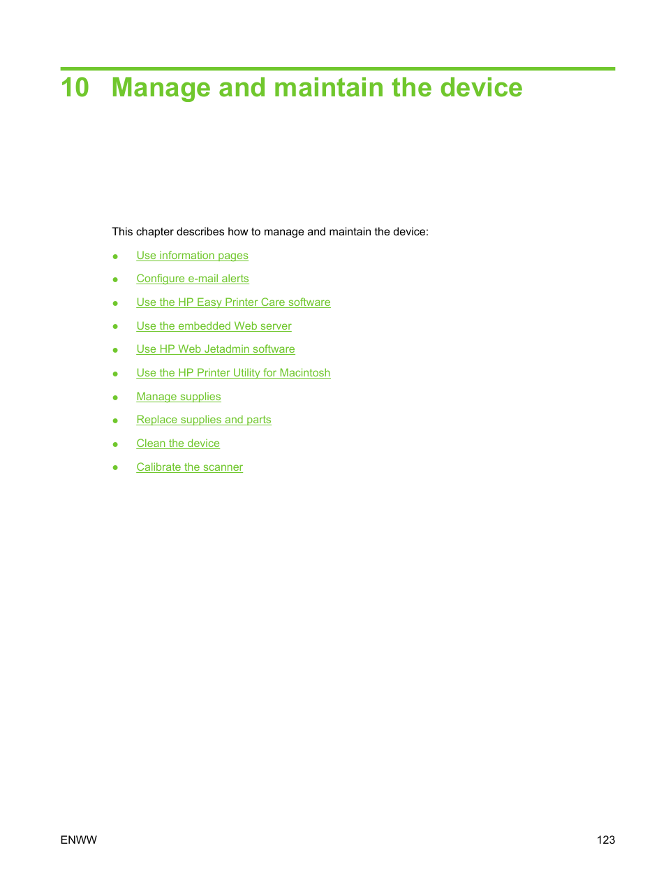 Manage and maintain the device, 10 manage and maintain the device | HP LaserJet M3027 Multifunction Printer series User Manual | Page 135 / 270