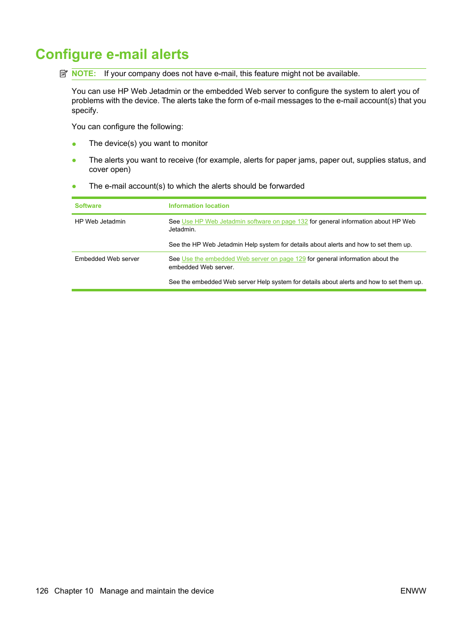 Configure e-mail alerts | HP LaserJet M3027 Multifunction Printer series User Manual | Page 138 / 270