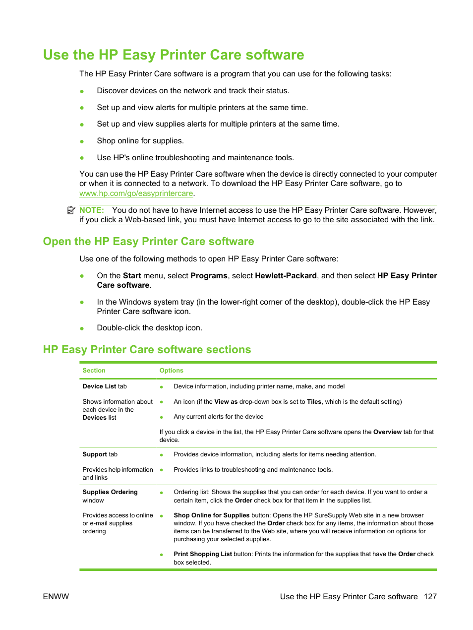 Use the hp easy printer care software, Open the hp easy printer care software, Hp easy printer care software sections | HP LaserJet M3027 Multifunction Printer series User Manual | Page 139 / 270