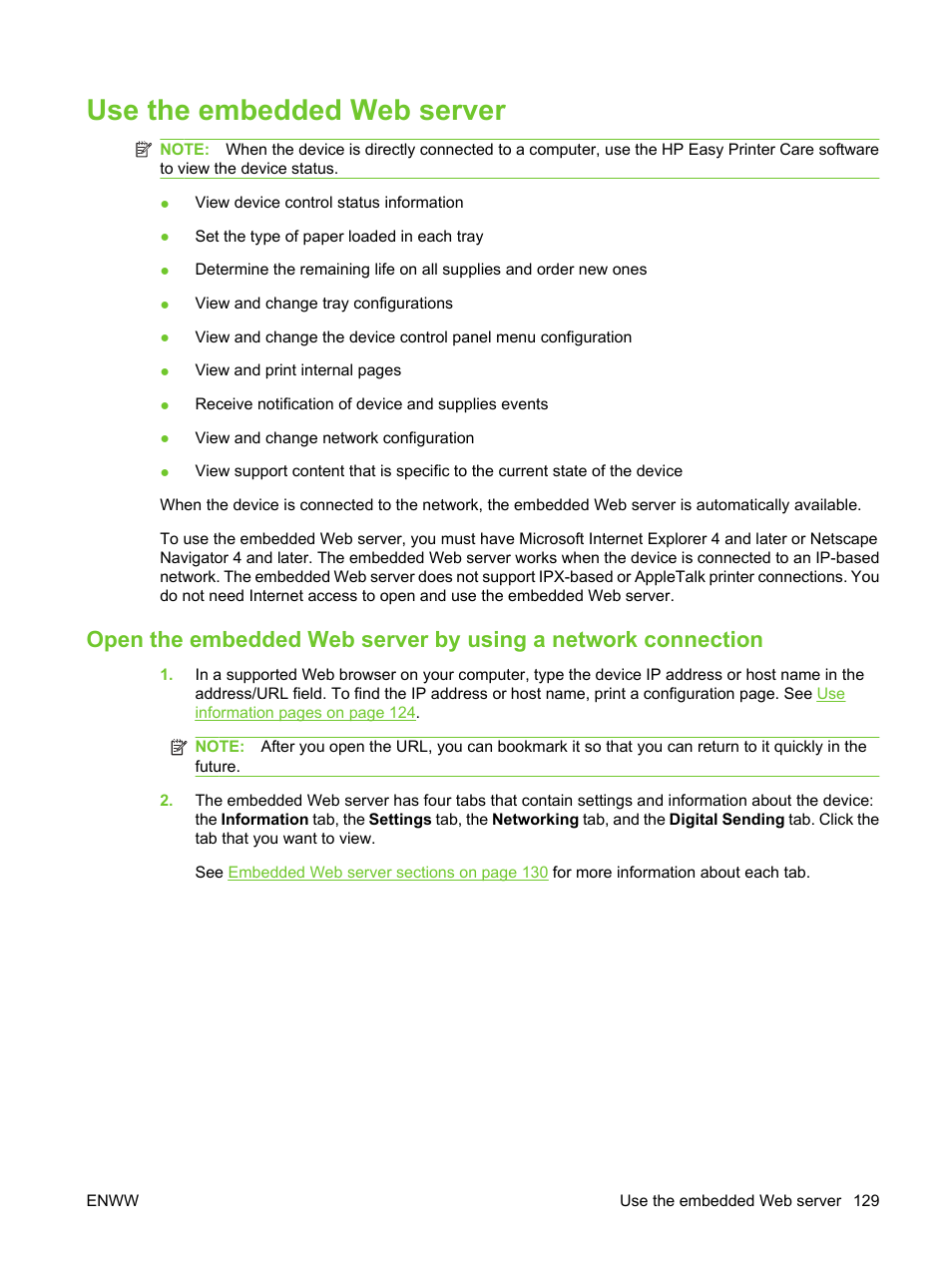 Use the embedded web server, Use the, Use the embedded web | HP LaserJet M3027 Multifunction Printer series User Manual | Page 141 / 270