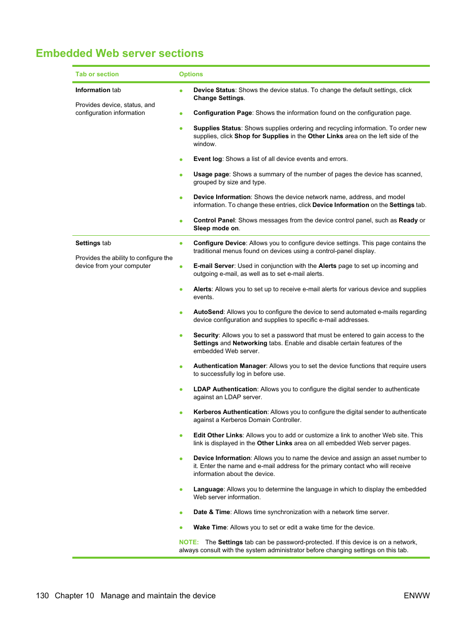 Embedded web server sections | HP LaserJet M3027 Multifunction Printer series User Manual | Page 142 / 270