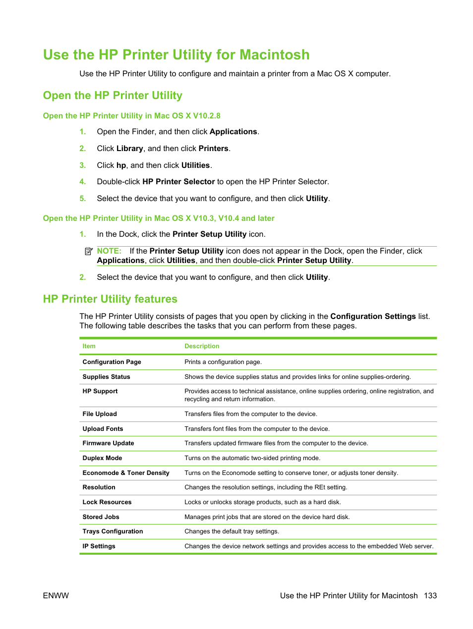 Use the hp printer utility for macintosh, Open the hp printer utility, Hp printer utility features | Use the hp printer utility for | HP LaserJet M3027 Multifunction Printer series User Manual | Page 145 / 270