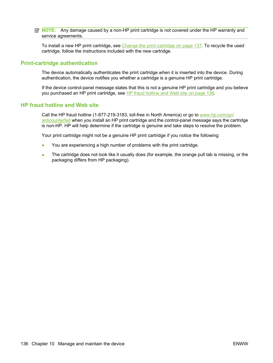 Print-cartridge authentication, Hp fraud hotline and web site | HP LaserJet M3027 Multifunction Printer series User Manual | Page 148 / 270
