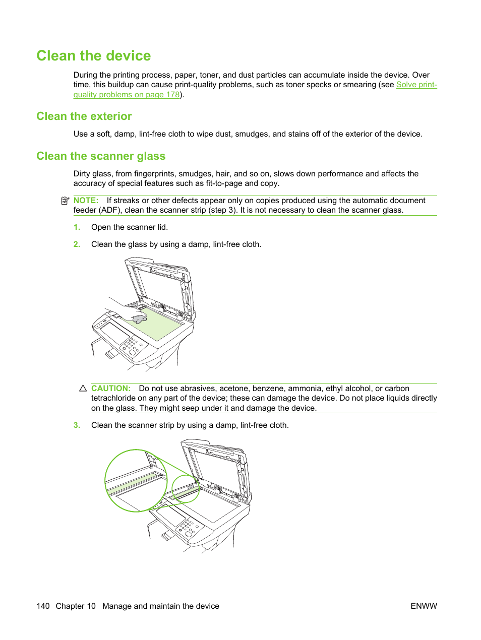 Clean the device, Clean the exterior, Clean the scanner glass | Clean the exterior clean the scanner glass | HP LaserJet M3027 Multifunction Printer series User Manual | Page 152 / 270