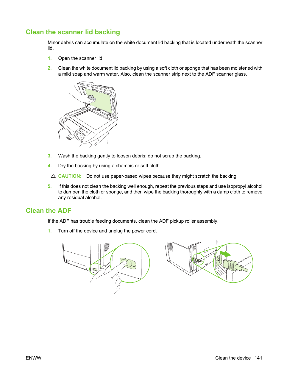 Clean the scanner lid backing, Clean the adf, Clean the scanner lid backing clean the adf | HP LaserJet M3027 Multifunction Printer series User Manual | Page 153 / 270