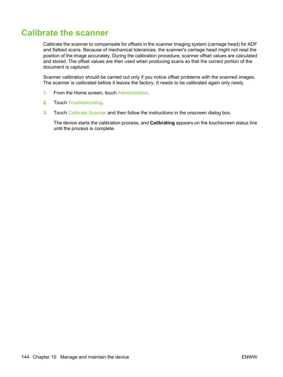 Calibrate the scanner | HP LaserJet M3027 Multifunction Printer series User Manual | Page 156 / 270