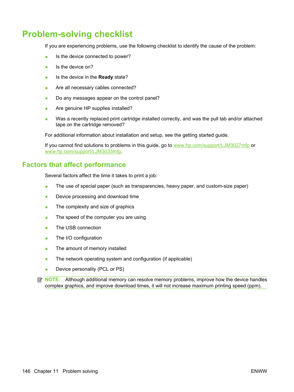Problem-solving checklist, Factors that affect performance | HP LaserJet M3027 Multifunction Printer series User Manual | Page 158 / 270