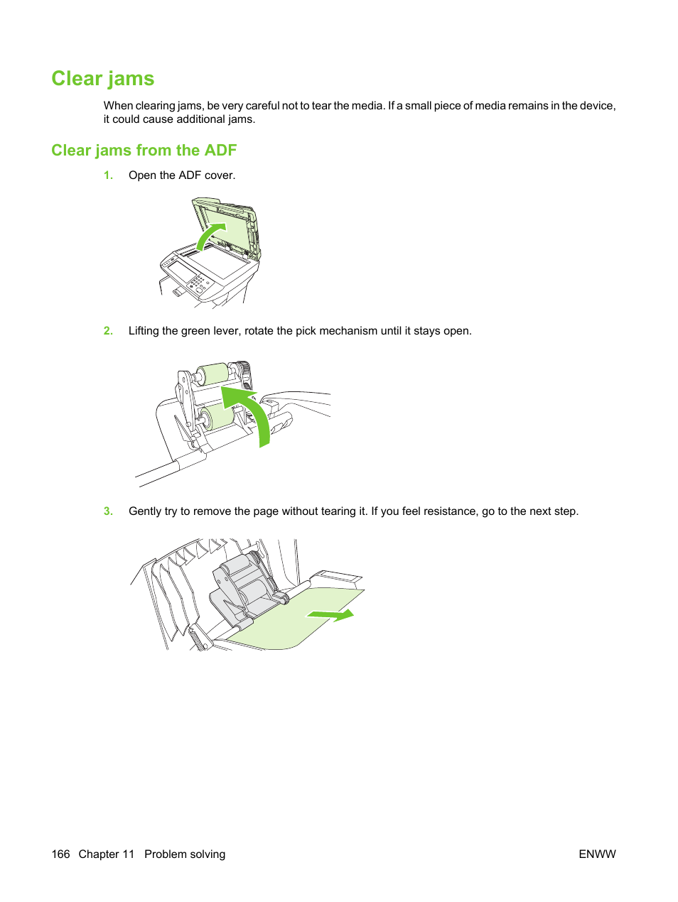 Clear jams, Clear jams from the adf | HP LaserJet M3027 Multifunction Printer series User Manual | Page 178 / 270