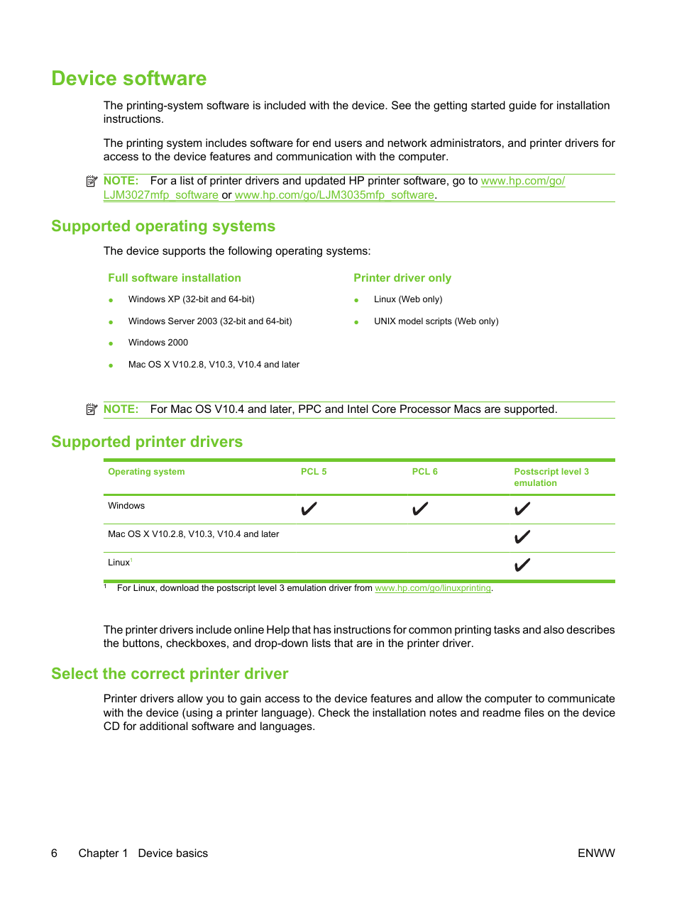 Device software, Supported operating systems, Supported printer drivers | Select the correct printer driver | HP LaserJet M3027 Multifunction Printer series User Manual | Page 18 / 270