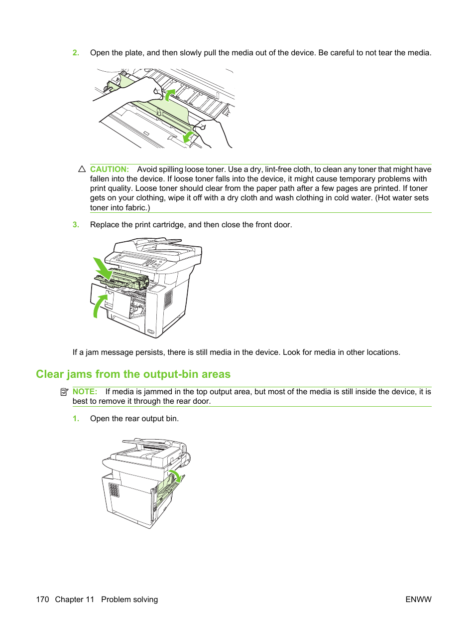 Clear jams from the output-bin areas, Clear jams | HP LaserJet M3027 Multifunction Printer series User Manual | Page 182 / 270