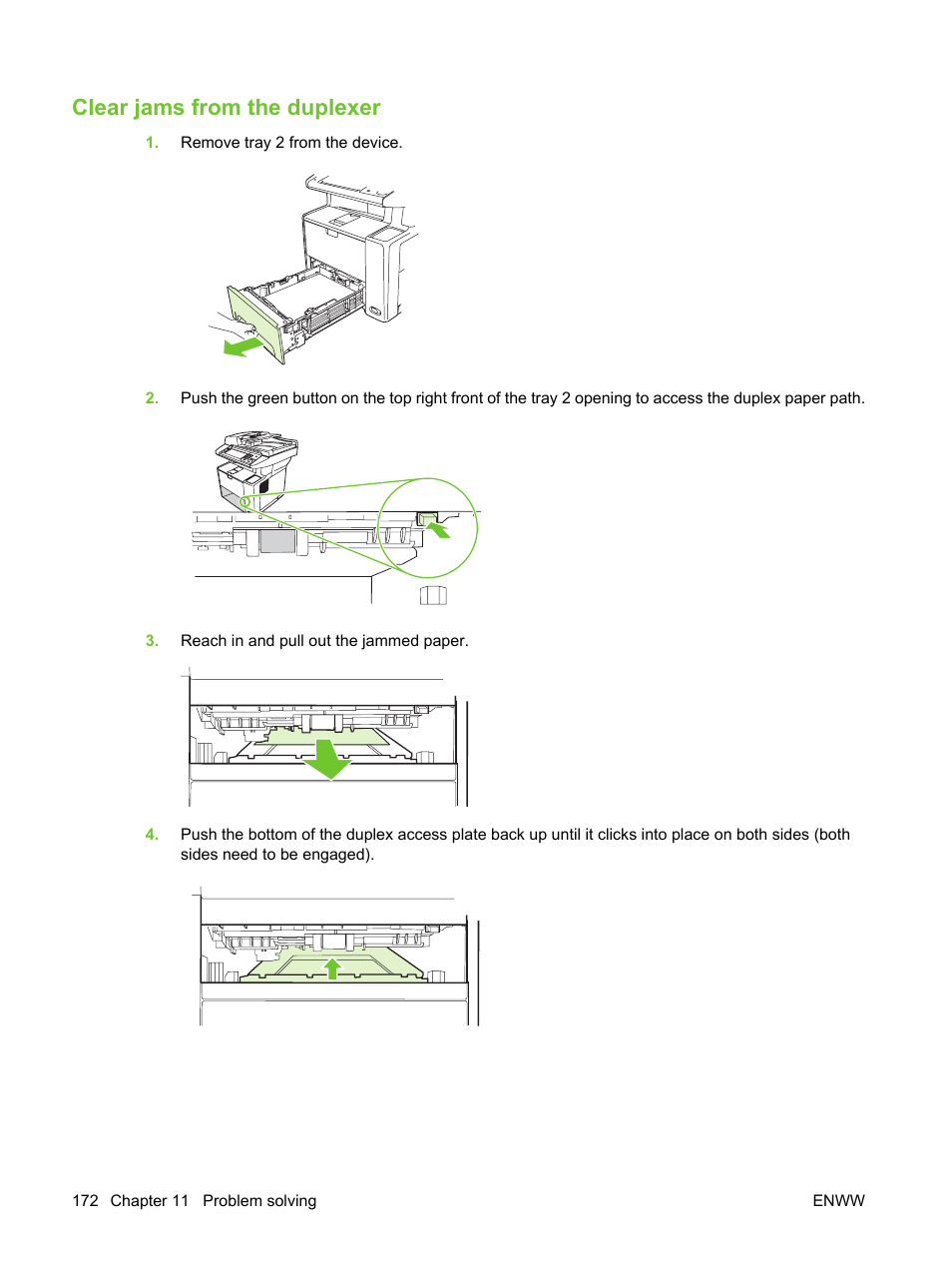 Clear jams from the duplexer | HP LaserJet M3027 Multifunction Printer series User Manual | Page 184 / 270