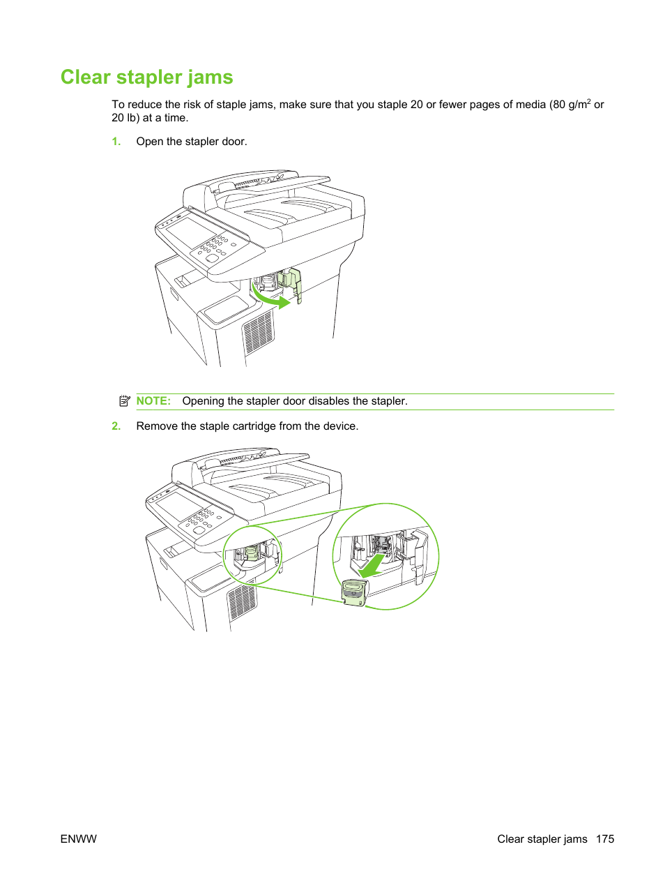 Clear stapler jams | HP LaserJet M3027 Multifunction Printer series User Manual | Page 187 / 270