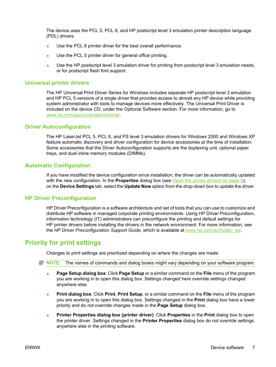 Universal printer drivers, Driver autoconfiguration, Automatic configuration | Hp driver preconfiguration, Priority for print settings | HP LaserJet M3027 Multifunction Printer series User Manual | Page 19 / 270