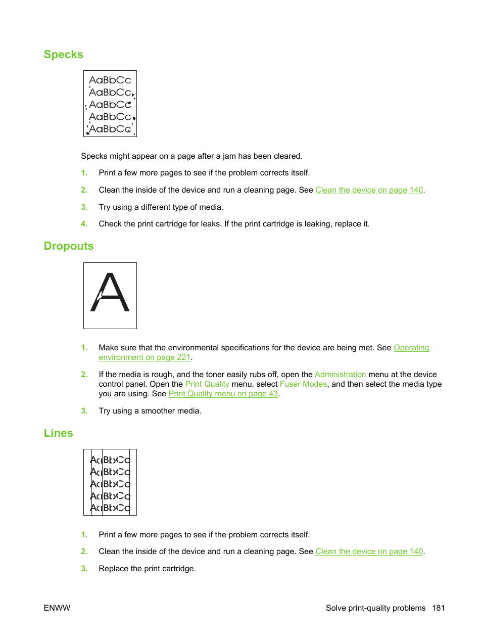 Specks, Dropouts, Lines | Specks dropouts lines | HP LaserJet M3027 Multifunction Printer series User Manual | Page 193 / 270