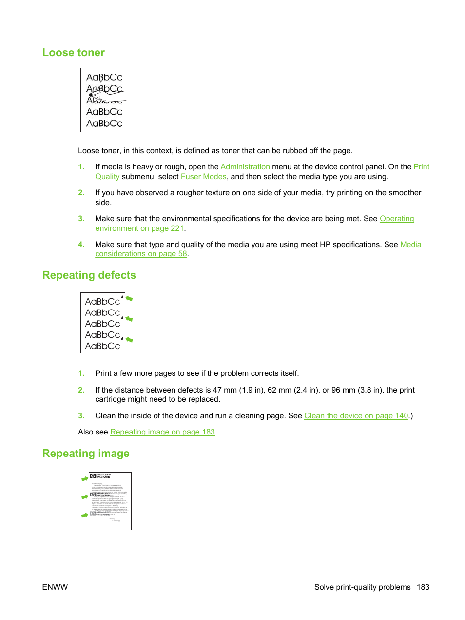 Loose toner, Repeating defects, Repeating image | Loose toner repeating defects repeating image | HP LaserJet M3027 Multifunction Printer series User Manual | Page 195 / 270