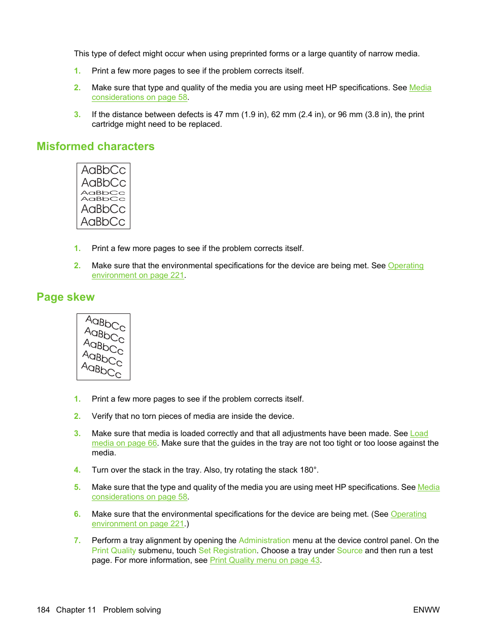 Misformed characters, Misformed, Aabbcc aabbcc aabbcc aabbcc | Page skew | HP LaserJet M3027 Multifunction Printer series User Manual | Page 196 / 270