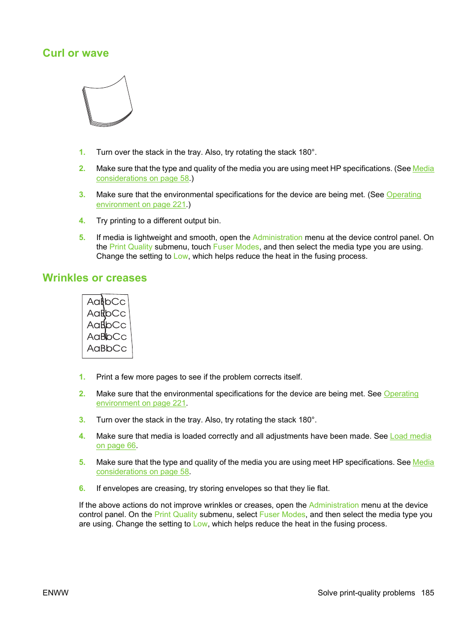 Curl or wave, Wrinkles or creases, Curl or wave wrinkles or creases | Wrinkles or | HP LaserJet M3027 Multifunction Printer series User Manual | Page 197 / 270