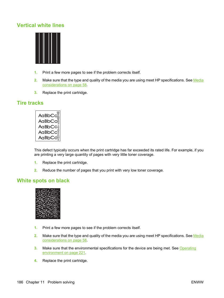 Vertical white lines, Tire tracks, White spots on black | White spots on | HP LaserJet M3027 Multifunction Printer series User Manual | Page 198 / 270