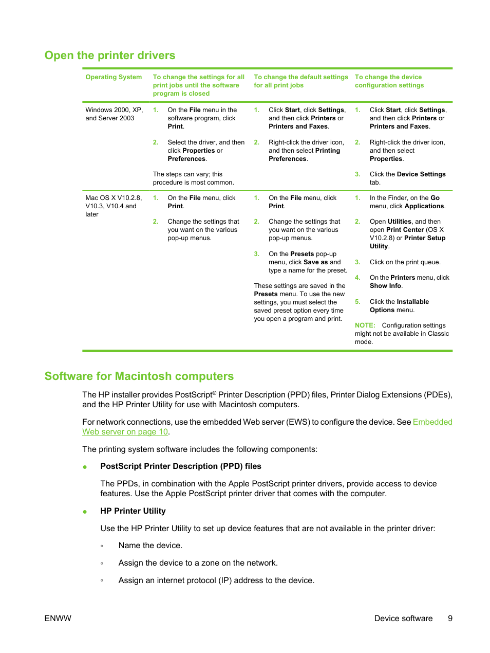 Open the printer drivers, Software for macintosh computers | HP LaserJet M3027 Multifunction Printer series User Manual | Page 21 / 270