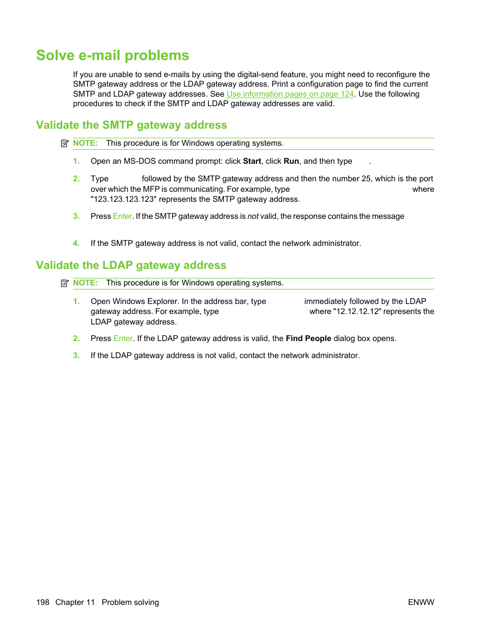 Solve e-mail problems, Validate the smtp gateway address, Validate the ldap gateway address | Solve, S. see | HP LaserJet M3027 Multifunction Printer series User Manual | Page 210 / 270