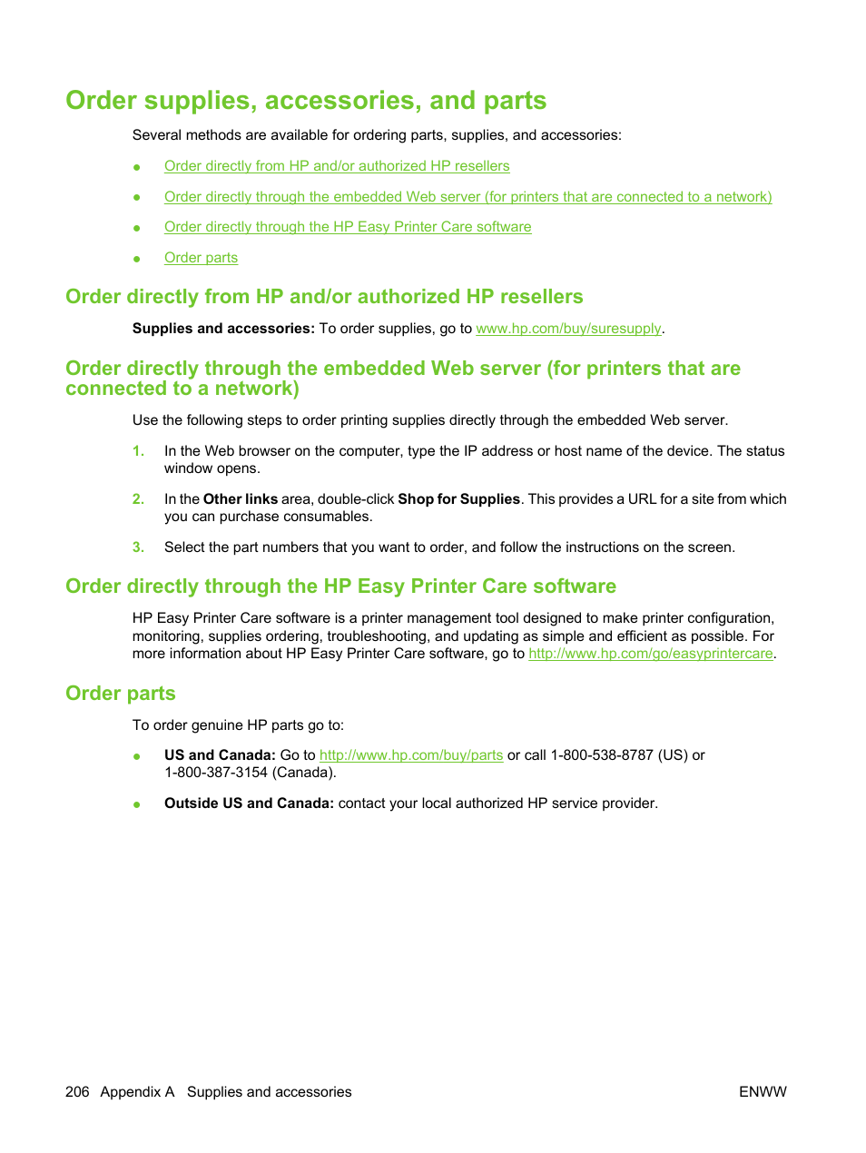 Order supplies, accessories, and parts, Order parts, Order | HP LaserJet M3027 Multifunction Printer series User Manual | Page 218 / 270