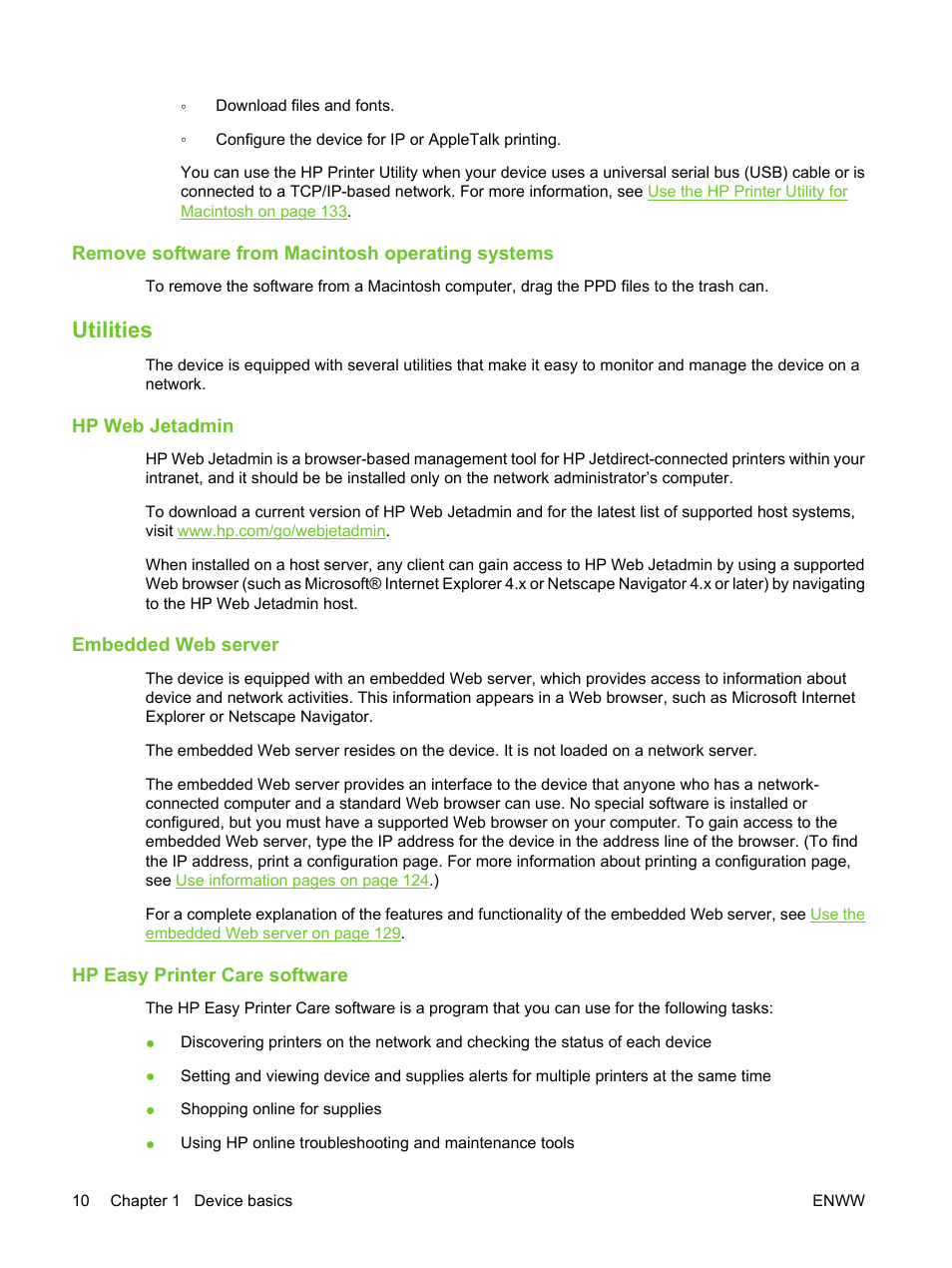 Remove software from macintosh operating systems, Utilities, Hp web jetadmin | Embedded web server, Hp easy printer care software, Vice. see, Embedded | HP LaserJet M3027 Multifunction Printer series User Manual | Page 22 / 270