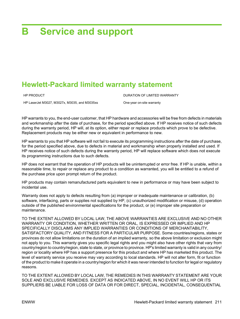 Service and support, Hewlett-packard limited warranty statement, Appendix b service and support | Bservice and support | HP LaserJet M3027 Multifunction Printer series User Manual | Page 223 / 270