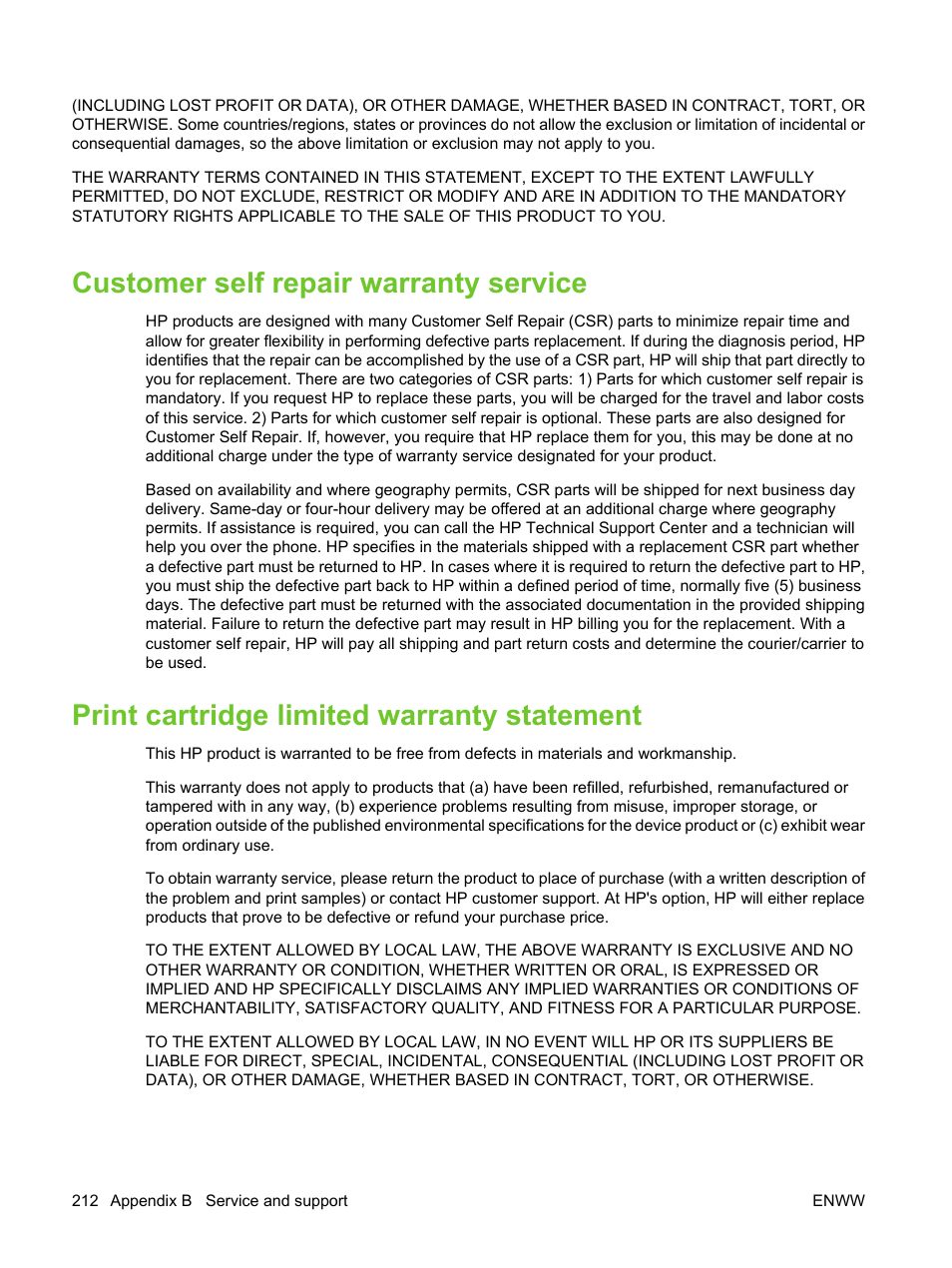Customer self repair warranty service, Print cartridge limited warranty statement | HP LaserJet M3027 Multifunction Printer series User Manual | Page 224 / 270