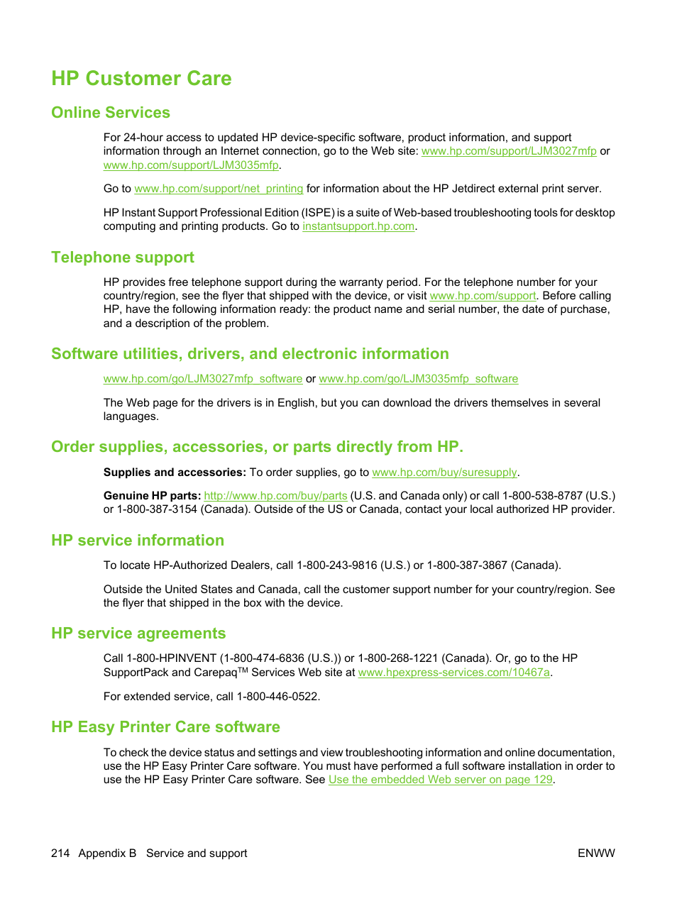 Hp customer care, Online services, Telephone support | Hp service information, Hp service agreements, Hp easy printer care software, Hp customer, Or th | HP LaserJet M3027 Multifunction Printer series User Manual | Page 226 / 270