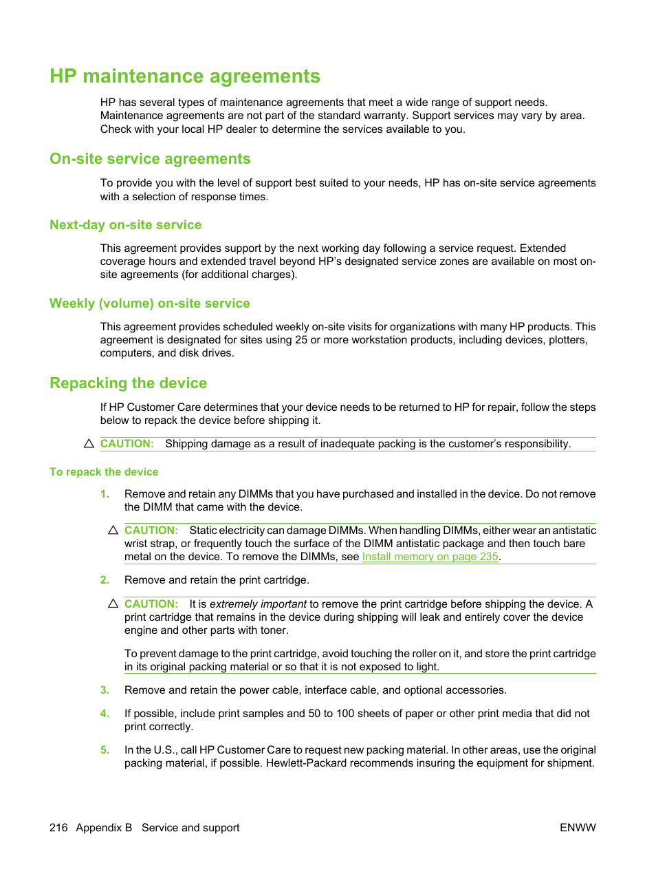 Hp maintenance agreements, On-site service agreements, Next-day on-site service | Weekly (volume) on-site service, Repacking the device | HP LaserJet M3027 Multifunction Printer series User Manual | Page 228 / 270