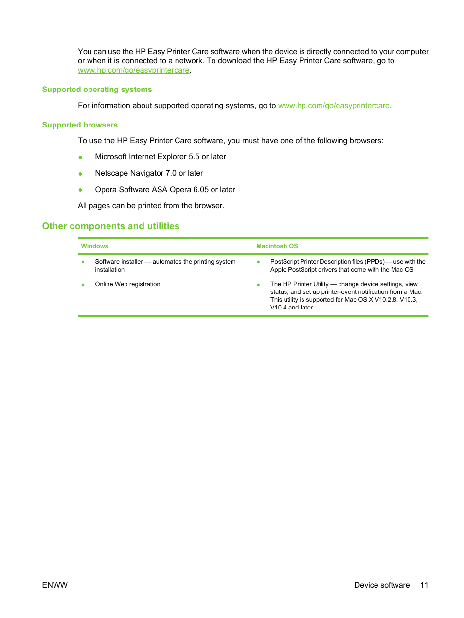 Supported operating systems, Supported browsers, Other components and utilities | Supported operating systems supported browsers | HP LaserJet M3027 Multifunction Printer series User Manual | Page 23 / 270