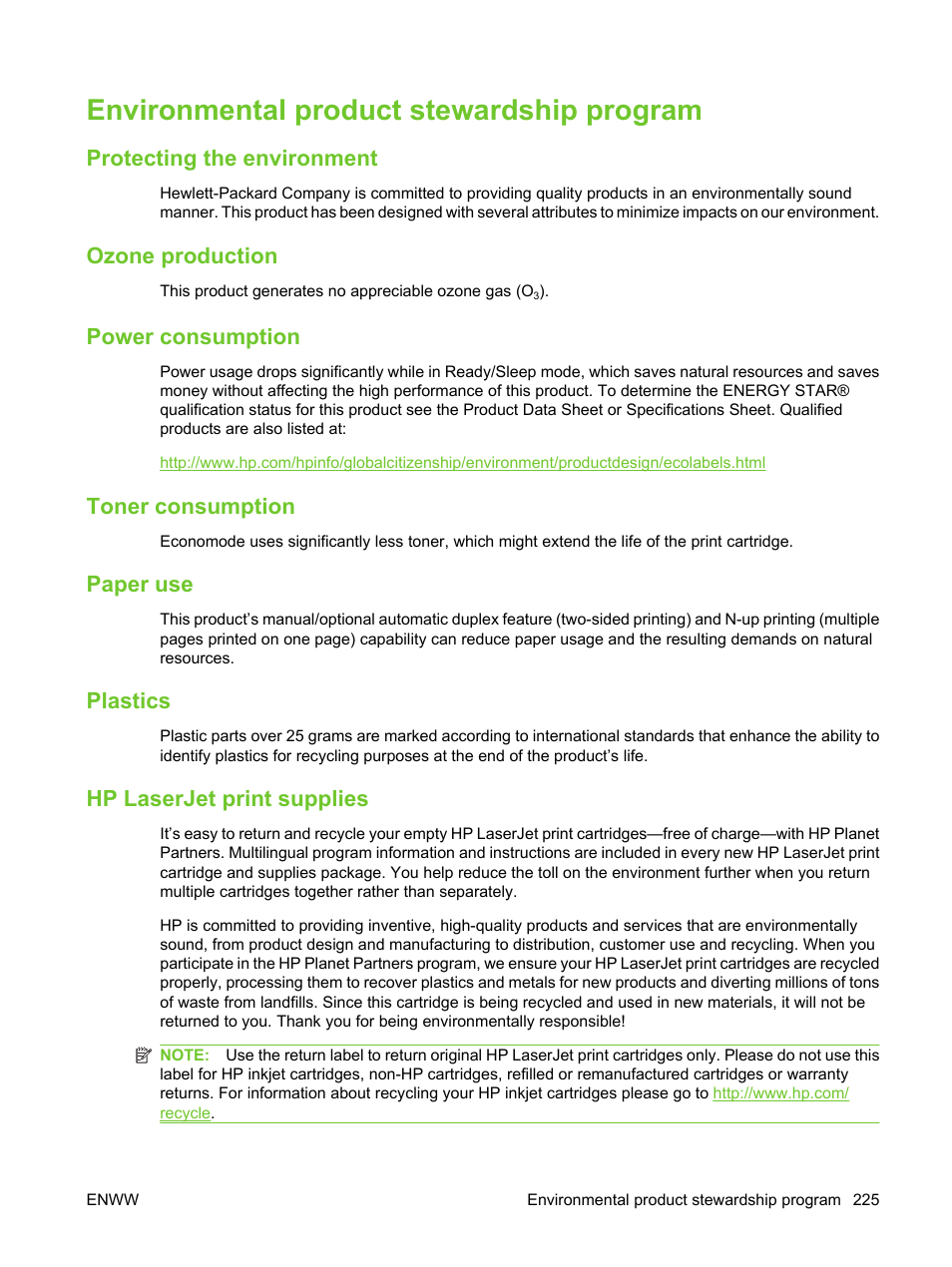 Environmental product stewardship program, Protecting the environment, Ozone production | Power consumption, Toner consumption, Paper use, Plastics, Hp laserjet print supplies, Plastics hp laserjet print supplies | HP LaserJet M3027 Multifunction Printer series User Manual | Page 237 / 270