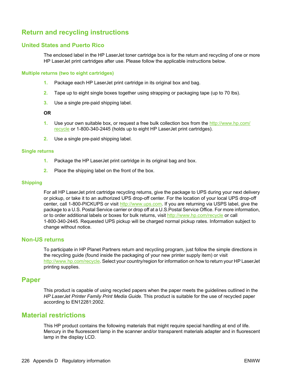 Return and recycling instructions, United states and puerto rico, Multiple returns (two to eight cartridges) | Single returns, Shipping, Non-us returns, Paper, Material restrictions, Paper material restrictions | HP LaserJet M3027 Multifunction Printer series User Manual | Page 238 / 270