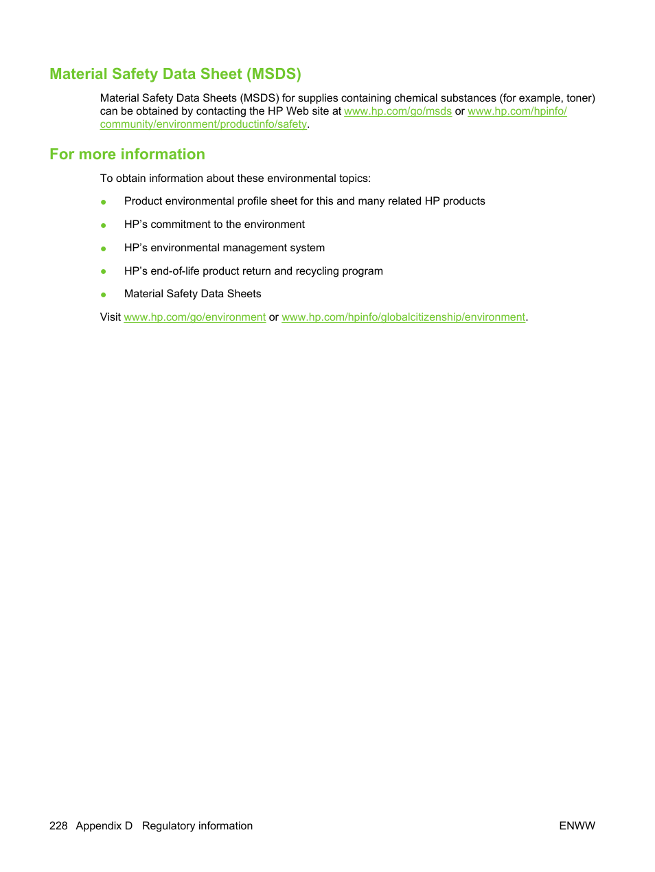 Material safety data sheet (msds), For more information | HP LaserJet M3027 Multifunction Printer series User Manual | Page 240 / 270