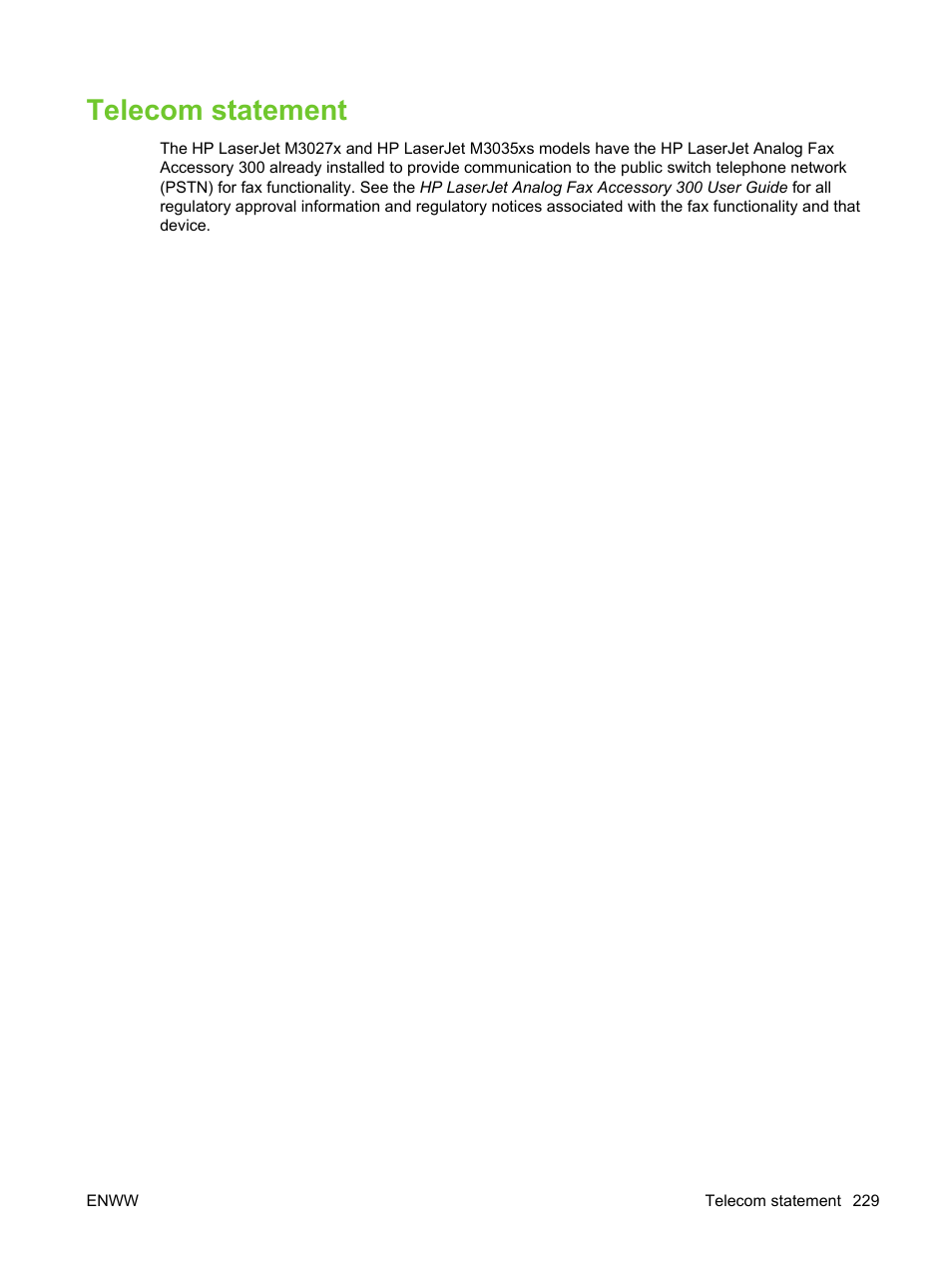 Telecom statement | HP LaserJet M3027 Multifunction Printer series User Manual | Page 241 / 270