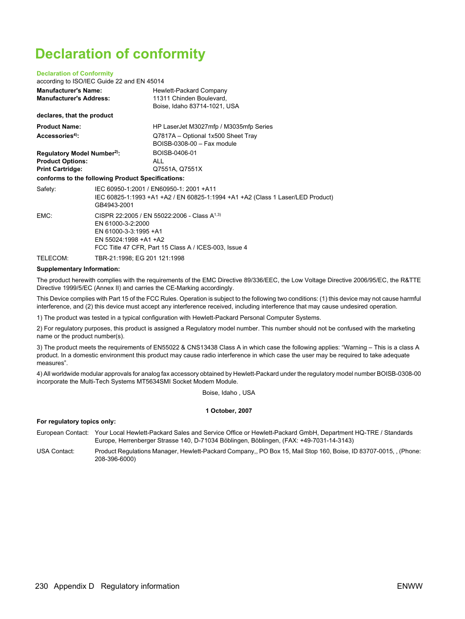 Declaration of conformity, 230 appendix d regulatory information enww | HP LaserJet M3027 Multifunction Printer series User Manual | Page 242 / 270