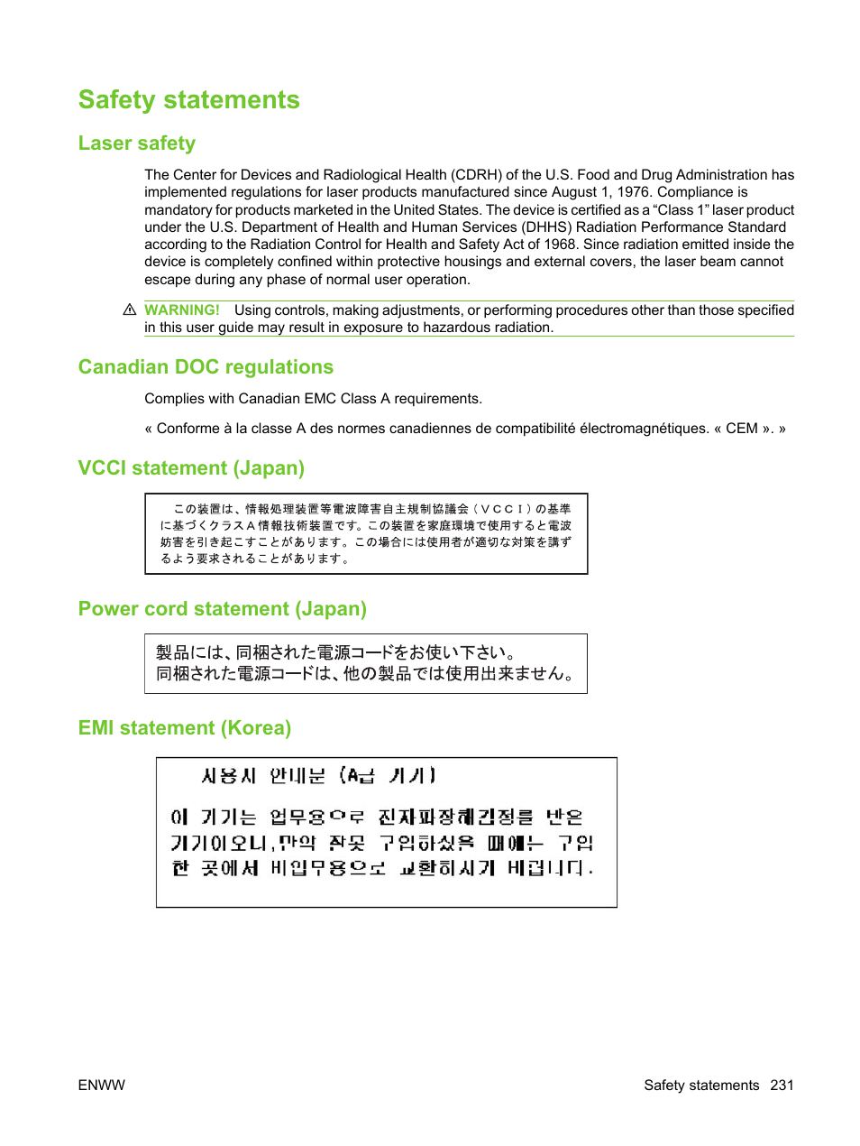 Safety statements, Laser safety, Canadian doc regulations | Vcci statement (japan), Power cord statement (japan), Emi statement (korea) | HP LaserJet M3027 Multifunction Printer series User Manual | Page 243 / 270