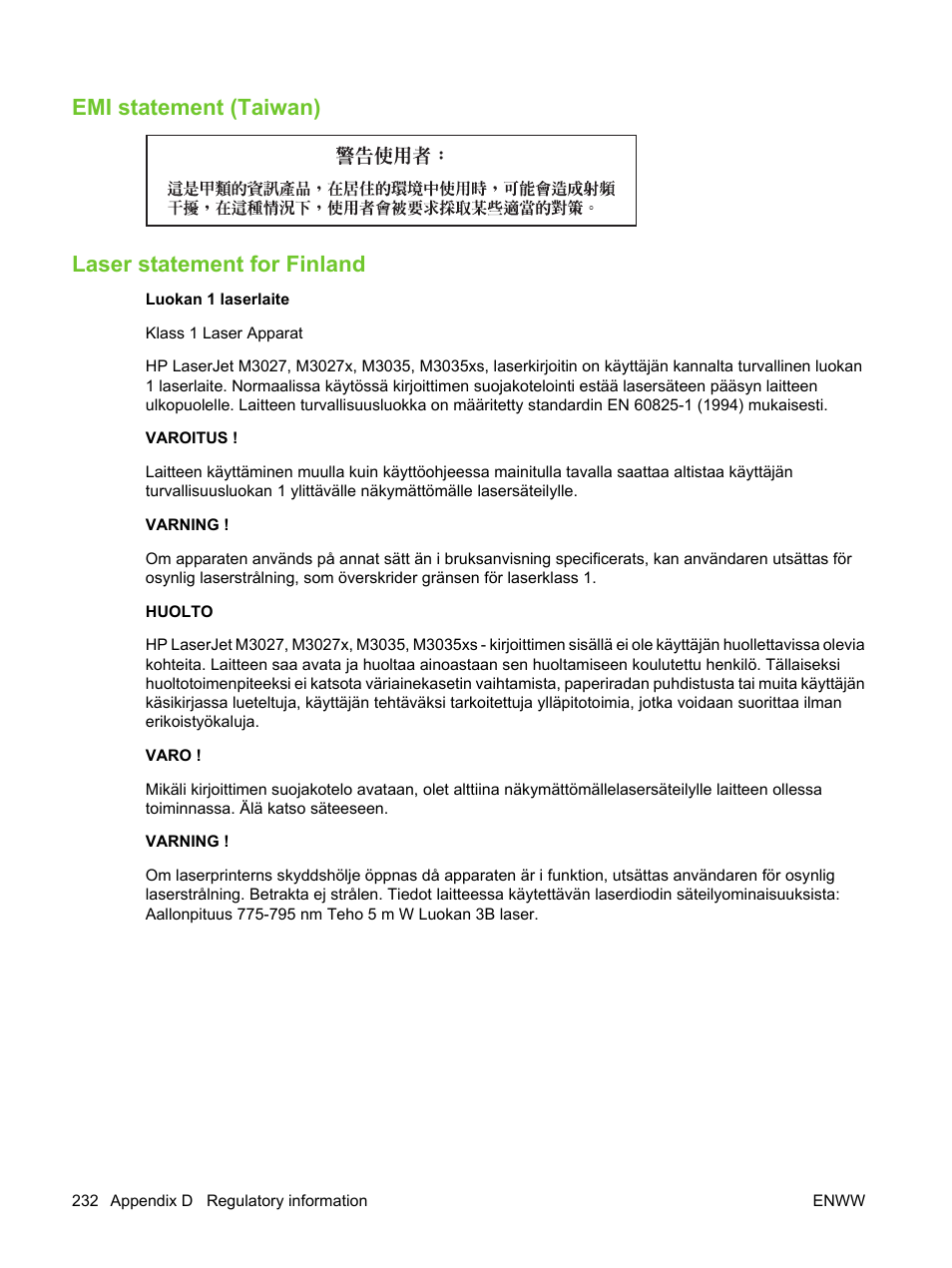 Emi statement (taiwan), Laser statement for finland, Emi statement (taiwan) laser statement for finland | HP LaserJet M3027 Multifunction Printer series User Manual | Page 244 / 270